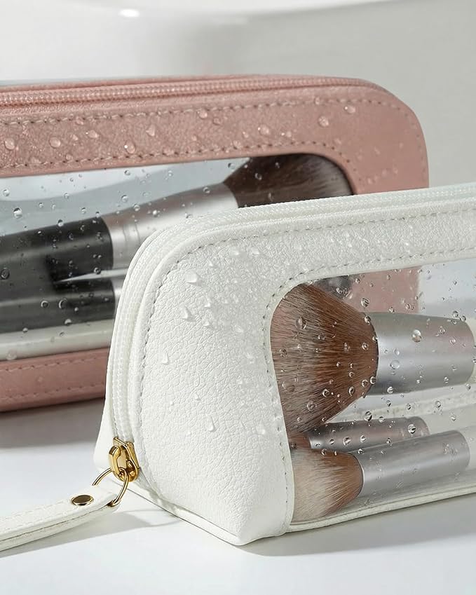 LETGO Small Clear Makeup Bag, PU Leather Travel Makeup Brush Case Portable Transparent Waterproof Cosmetic Organizer Pouch with Zipper for Women Home Travel Office Cosmetic Storage (Chic White)