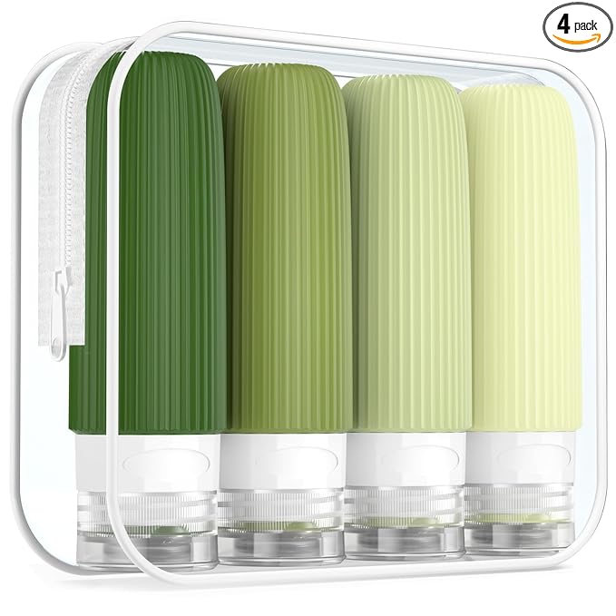 Mrsdry Travel Bottles for Toiletries, Tsa Approved 3oz Portable Travel Bottles, BPA Free Leak Proof Squeezable Silicone Travel Size Containers, Travel Accessories with Clear Toiletry Bag (4 Pack)