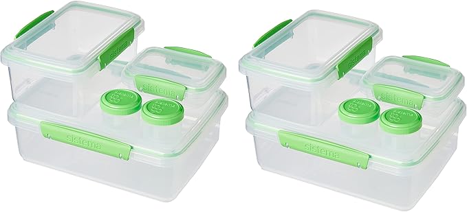 Sistema 6-Piece Food Storage Containers with Salad Dressing and Condiment Containers and Lids for Meal Prep, Dishwasher Safe, Clear/Green
