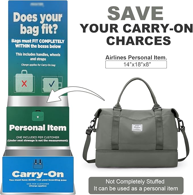 Travel Duffel Bag with Shoes Compartment, Carry-On Overnight Weekender Bags for Women, For Spirit Airlines 18x14x8 Personal Item Bag