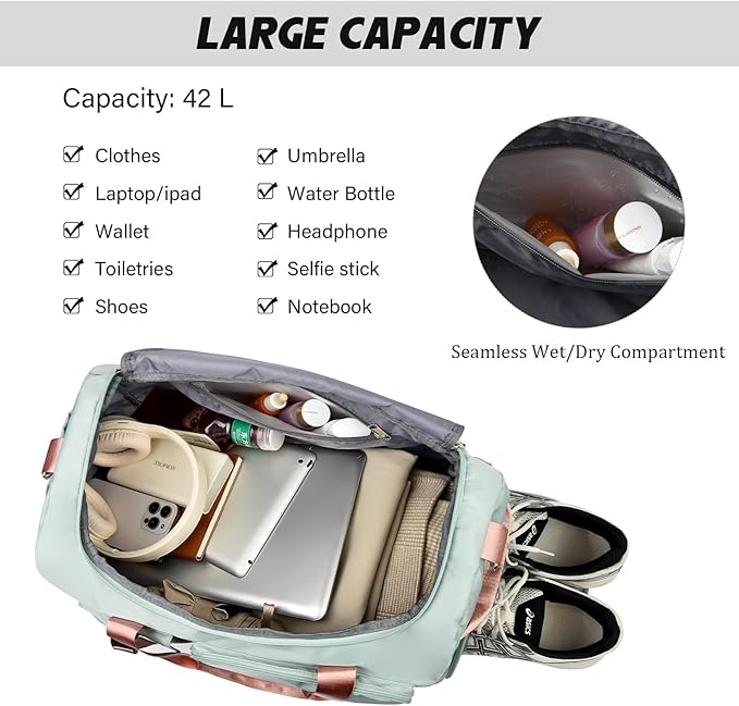 Eslcorri Gym Duffle Bag for Women Men, Sports Backpack with Wet & Shoe Compartment, Fitness Overnight Weekender Bag for Yoga, Swim, Travel (B, Light Blue)