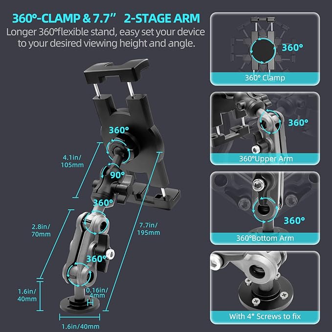 Porfortop Aluminum Heavy Duty Drill Base Tablet Holder Car Mount Dashboard, 360° Adjustable 2-Stage Stand for 4.7-12.9" iPad Pro/Air/Mini/Galaxy Tab, for Car Truck Wall Desk Commercial Vehicle