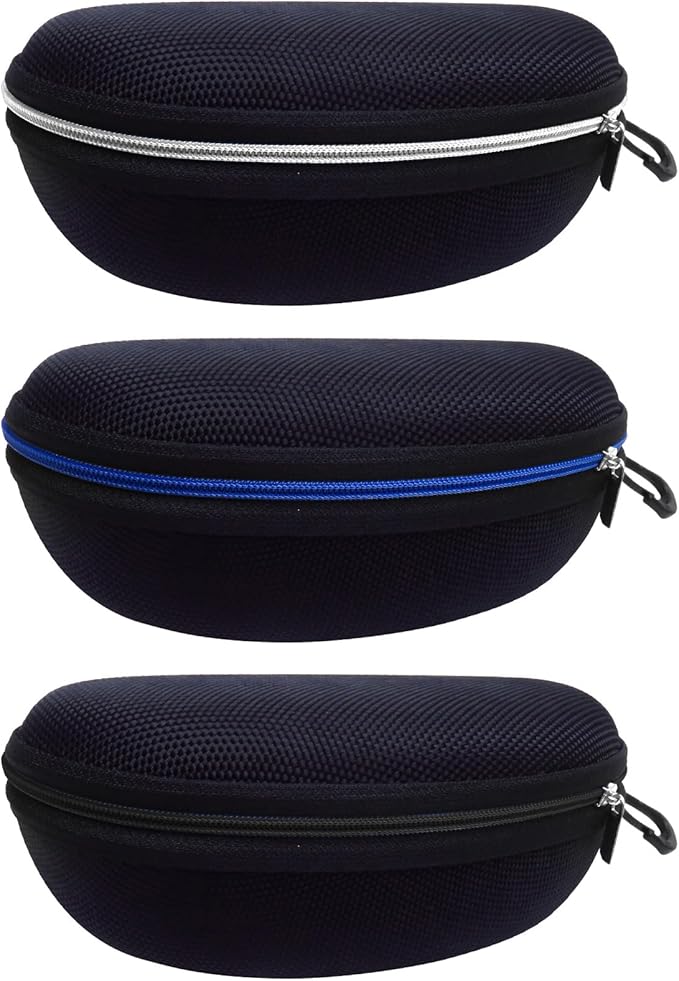 3 Pack Zipper Shell Eyeglasses and Sunglasses Case with Plastic Carabiner Hook