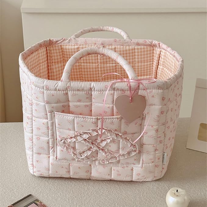 Floral Fabric Storage Basket Car Interior Storage Basket Underwear Sundries Laundry Baskets Supplies Home Organizer Bag (pink bow 1)