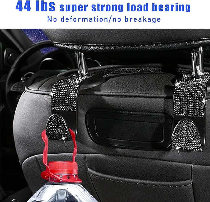 Ohleats 4 PCS Bling Car Seat Headrest Hooks, Crystal Rhinestone Back Seat Hanging Storage Organizer, Vehicle Seat Hanger Holder for Purse Handbag Coat, Interior Car Accessories (Black)