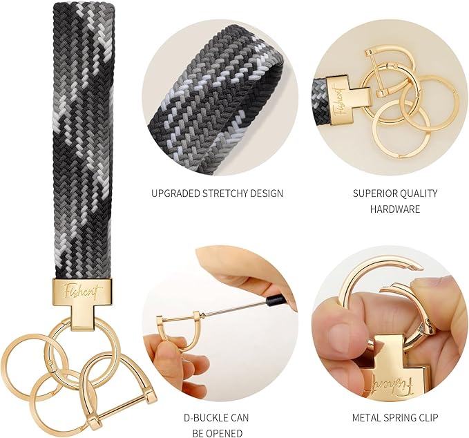 Fishent Stretchy Wristlet Keychain, Cute Key Chain, Woven Wrist Lanyard for Car Keys with 3 Keyrings and D-ring for Women Men