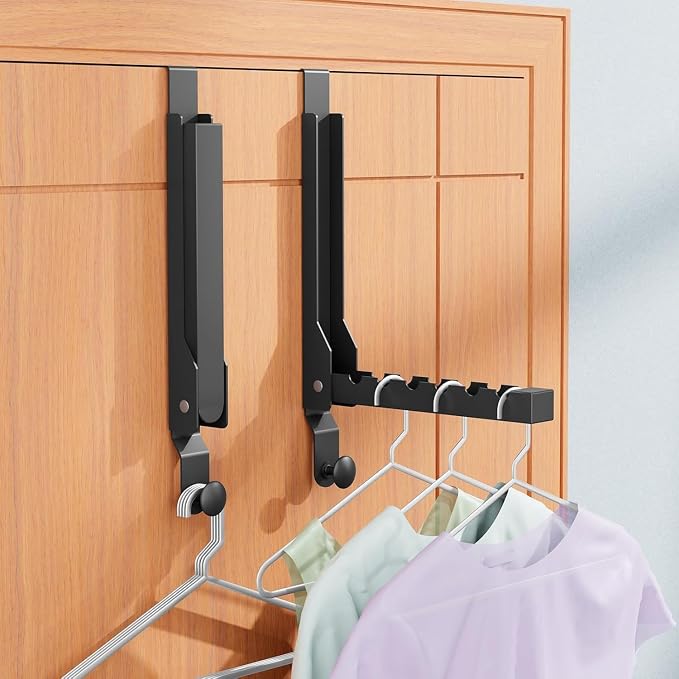 2 Pack Heavy Duty Over the Door Hooks, Compact Foldable Over the Door Hanger, Portable Compact Over Door Drying Rack for Laundry, Metal Over the Door Clothes Hanger, Rustproof & Waterproof, (Black)