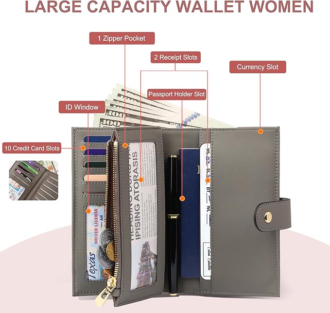 yiijay Women's Wallet RFID Blocking Leather Trifold Clutch Wallet Credit Card Holder Ladies Travel Wallet Purse with Pen Holder