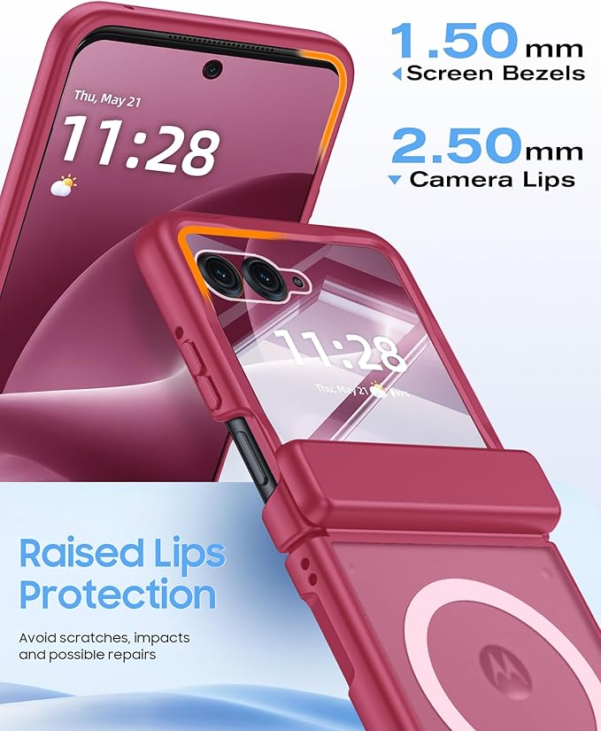 Magnetic for Motorola Razr+ Plus 2026,Razr+ 2025/2024 Case,Hinge Protection, Screen Protector, Compatible with MagSafe, Translucent Frosted, Shockproof Cover for Razr+ 2026/2025/2024-Rose Red