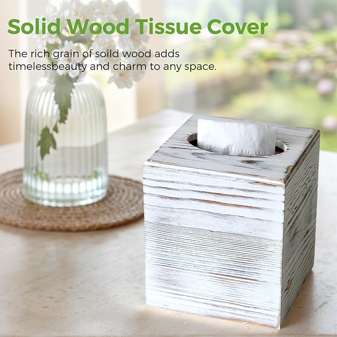 S310 Wood Tissue Box Cover, Rustic Square Tissue Box Holder with Slide-Out Bottom, Wooden Cube Tissue Covers Tissue Holders for Bathrooms Office Kitchen, White