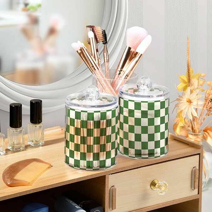 2 Pack Qtip Holder Organizer Dispenser Green White Checkered Pattern Bathroom Storage Canister Cotton Ball Holder Container for Cotton Pads/Swabs/Floss