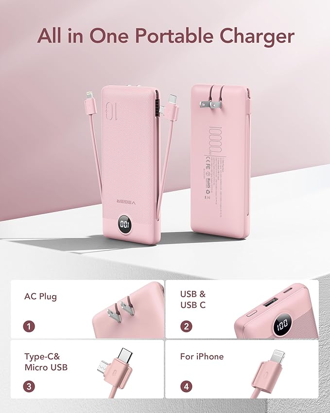 VEGER Portable Charger with Built-in AC Plug and Cables, All in One 10000mAh Ultra Slim Power Bank Travel Essentials, Fast Charging Battery Pack Compatible with iPhone, Samsung, Android, Crepe
