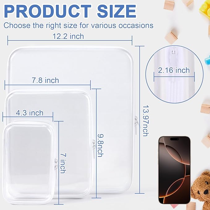 YOPCDJ Clear Hard Shell Zipper Case, Clear Zipper Pouches Waterproof Makeup Organizer & Travel Toiletry Storage Bag, Plastic Pouch for Office, Home, White,3 Pack XL LS