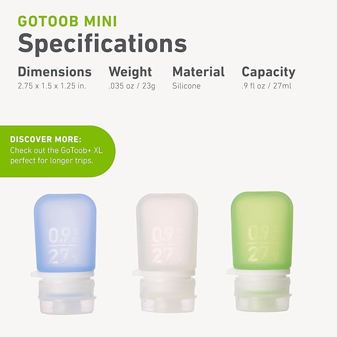 humangear GoToob Bottles - Silicone Leak-Proof Travel Tubes for Toiletries, Camping & TSA Carry-On (3-Pack), Mini (0.9 fl oz; 27ml), Clear/Green/Blue