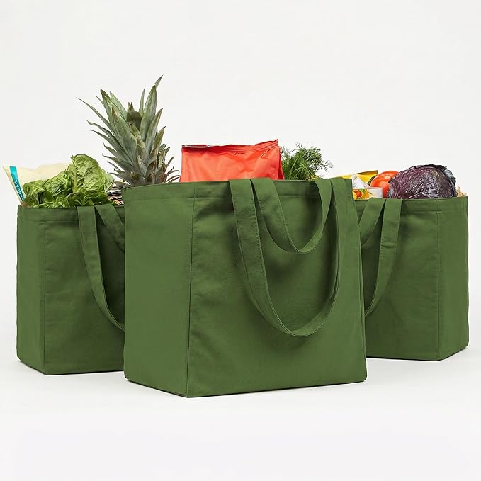 VeraMia Canvas Grocery Bag 3pc XL Set with Real Pockets, Long Shoulder Strap and Short Handle. Heavy Duty, Foldable, Washable
