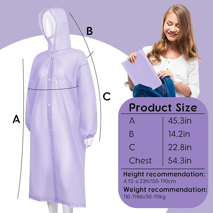Rain Ponchos for Adults Reusable Rain Coats with Hood and Drawstring Thicken Ponchos Waterproof for Women(Purple)