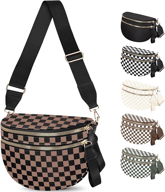 Spacious Nylon Checkered Crossbody Bum Bag for Women, Fashion Checkerboard Fanny Pack Purse with Anti-theft Pocket, Adjustable Wider Strap Wasit Bag (Black-Brown)