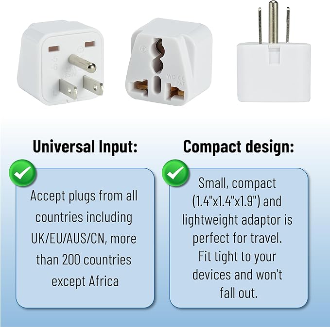 Bates- Universal Adapter, 8 Pack, White Travel Adapter, UK to US Plug Adapter, Universal Plug Adapter Plug, Universal Travel Adapter, European to American Plug Adapter, Europe to US Plug Adapter