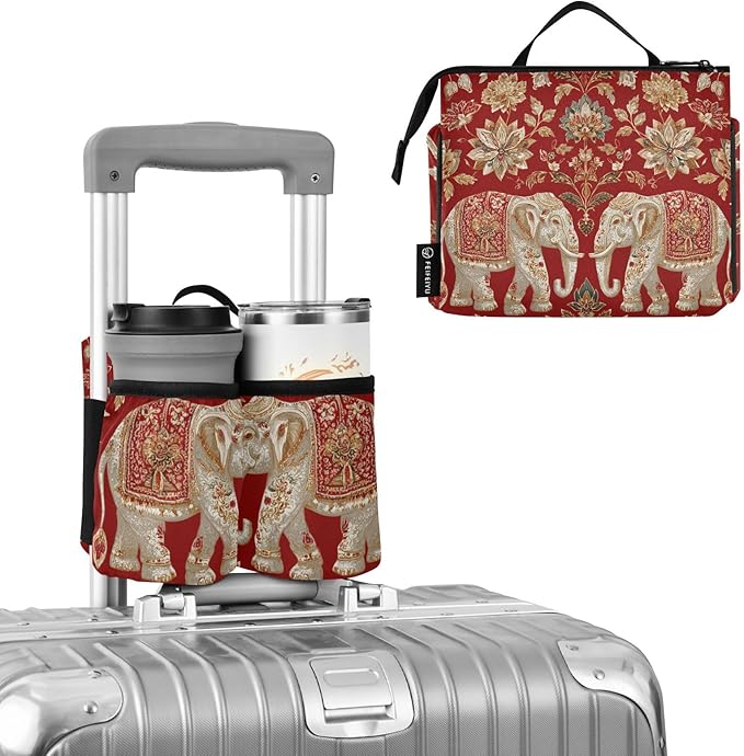 Luggage Cup Holder for Suitcases Free Hands Suitcase Cup Holder Travel Luggage Drink Holder Portable Luggage Cup Caddy Bag Carrier with Handle Red Retro Elephant Flowers
