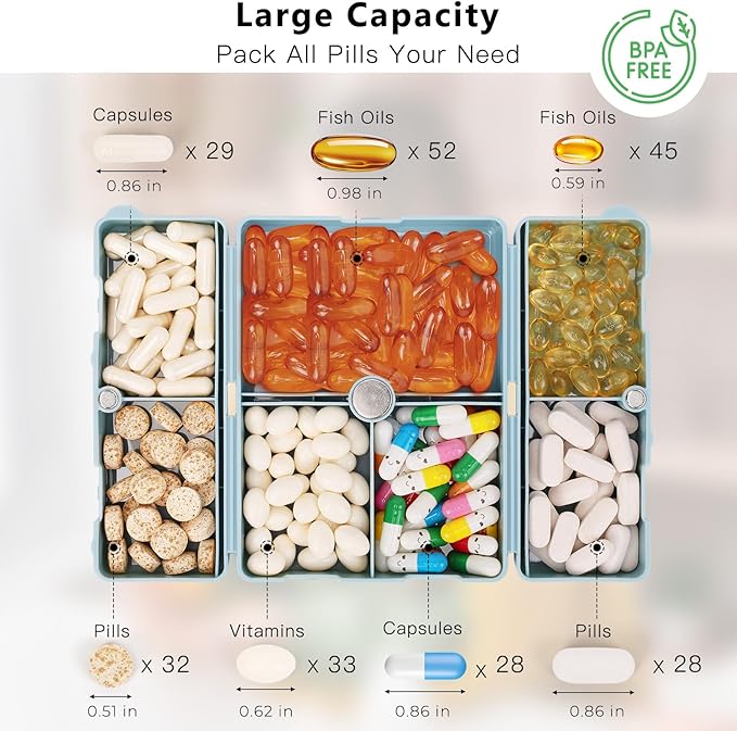 FYY Daily Pill Organizer,7 Compartments Portable Travel Pill Case/Box for Purse Pocket to Hold Vitamins,Cod Liver Oil,Supplements and Medication-SkyBlue, [Folding Design]