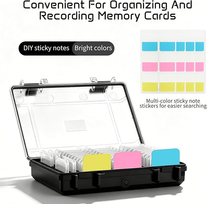 37 Slots Memory Card Case & 37 Transparent Card Cases & 60 Visual Sticky Notes, Water-Resistant Anti-Shock Anti-Dust SD Card Holder Storage,SD Card Case for Camera Memory Card（Clear Plastic）