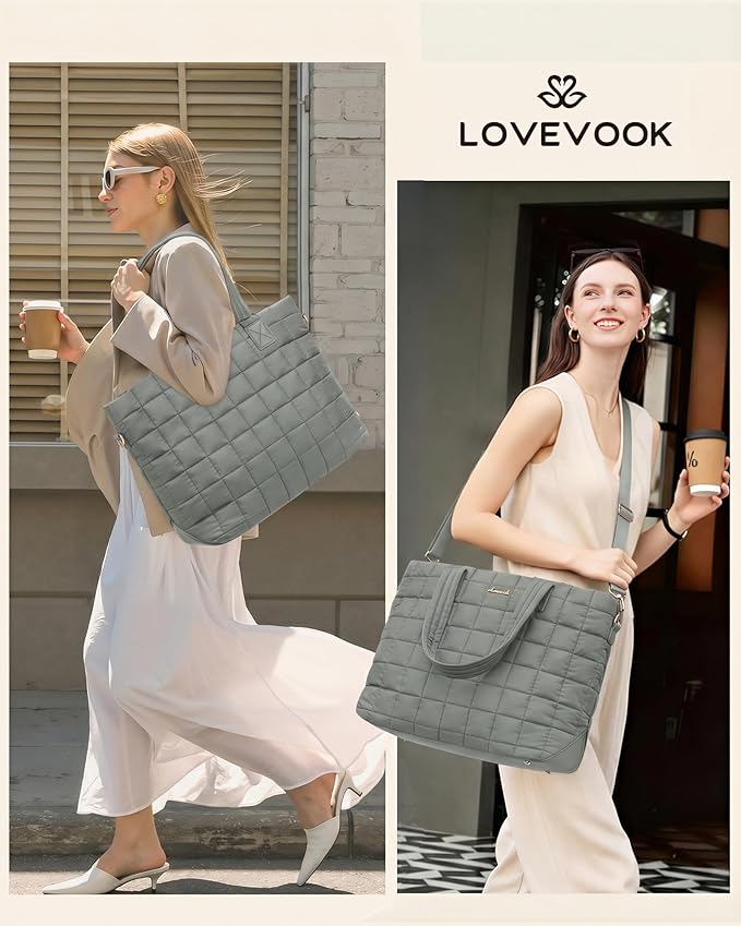 LOVEVOOK Laptop Tote Bag for Women, 15.6 Inch Large Puffer Work Computer Tote Bags for Teacher Nurse, Quilted Women's Purse Tote Shoulder Handbags with Zipper for Travel College Office Gym, Green