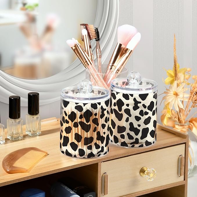 2 Pack Qtip Holder Organizer Dispenser Black Cow Skin Print Bathroom Storage Canister Cotton Ball Holder Container for Cotton Pads/Swabs/Floss