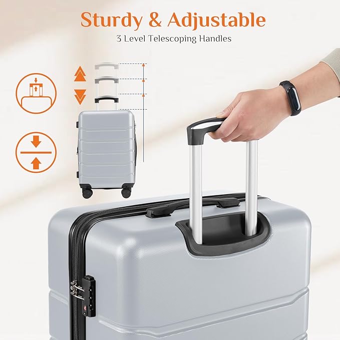 Sweetcrispy 3 Piece Luggage Set, ABS Hard Shell Carry On Suitcase with Smooth Spinner Wheels and TSA Lock, Lightweight Rolling Travel Luggage 20/24/28 Inch for Travel Business Vacation, Light Grey