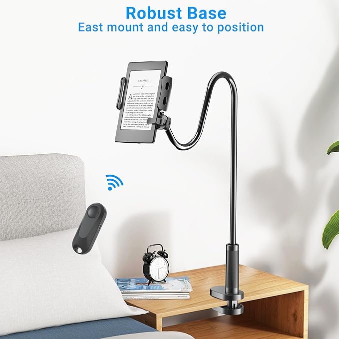 Kefotic Gooseneck Tablet Holder for Kindle Reading in Bed with Page Turner Remote, Hands Free Desk Bedside Lazy Arm Stand for Kindle Accessories, Gifts for Readers