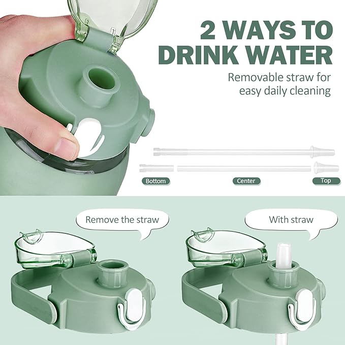 64oz Glass Water Bottles with Straw, Half Gallon Motivational Glass Bottle with Silicone Sleeve and Time Marker, 2L Leakproof Large Glass Water Jug for Gym Home Office,olive