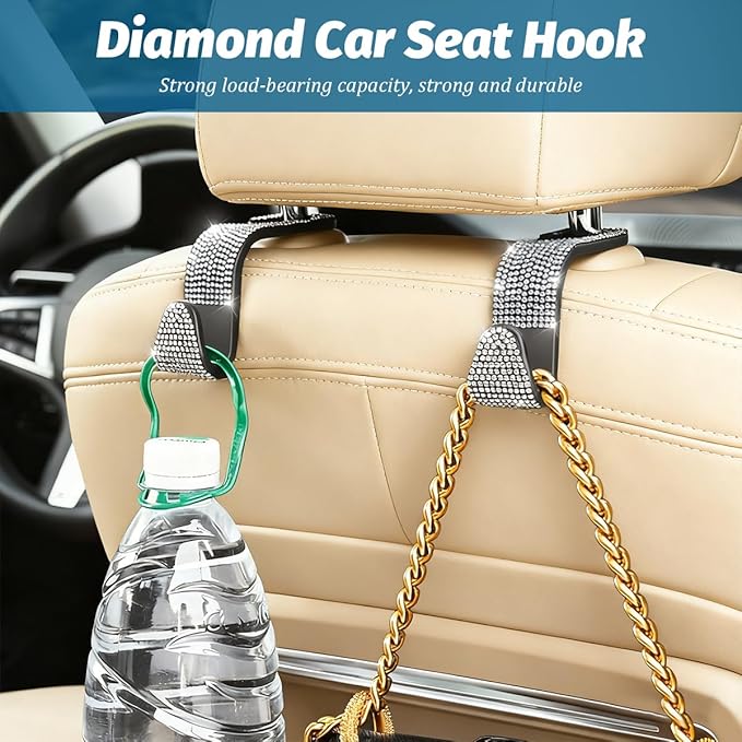 Zpana 4PCS Bling Car Seat Headrest Hooks, Vehicle Back Seat Purse Handbag Hanging Holder with Crystal Rhinestone, Diamond Storage Organizer Hook, Universal Automotive Accessories (Black/Pink)