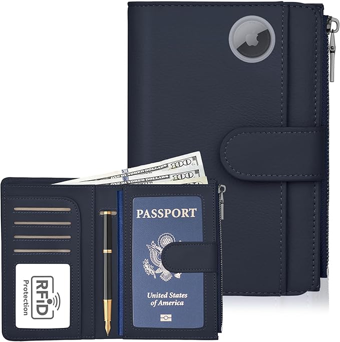 Passport Holder for Travel, Leather Passport Wallet with Airtag Slot, RFID Blocking Travel Wallet for Women Men, Passport Cover with Air Ticket Card Cash Coin Pocket, Travel Essentials Gift