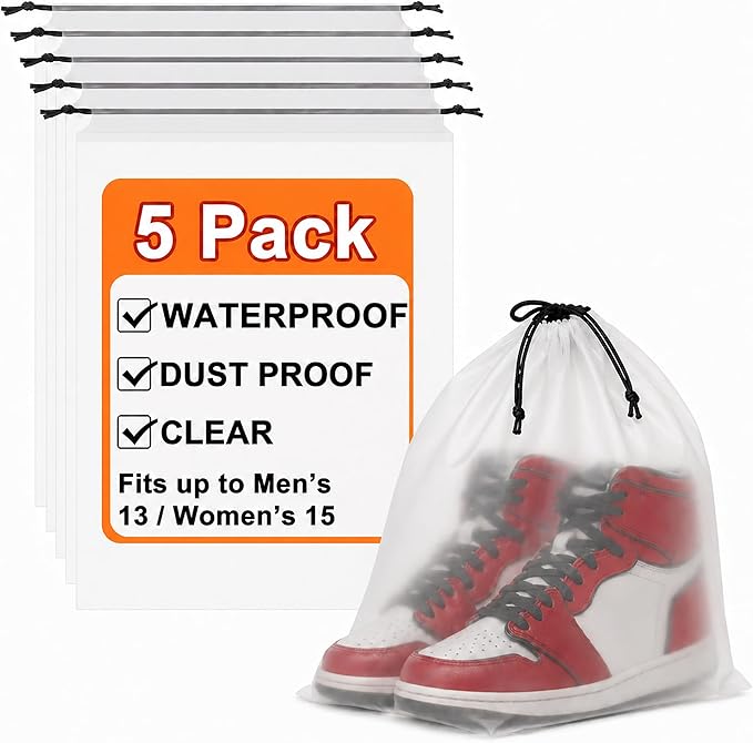 5 Pack Clear Shoe Bags for Travel Essentials, 15.7"×11.8" PEVA Drawstring, Water-Resistant, Fits up to Men’s 12–13, Reusable Storage for Clothes & Toiletries, Keep Luggage Tidy & Odor-Free
