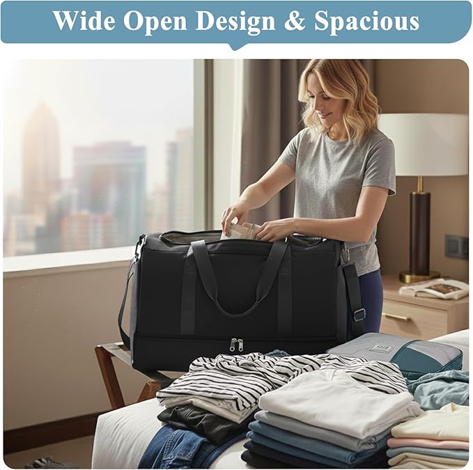 Large Travel Duffle Bag with Shoe Compartment, XL Weekender Bags for Women, Carry On Overnight Bags for Gym Sports & Business Trips, Water-Resistant Hospital Bag for Labor and Delivery,Black