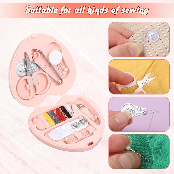 2 Pcs Travel Sewing Kit Mini Sewing Kit Portable Handheld Machine Travel Size Professional Portable Needle and Thread Kits Mini Heart Shaped Essentials Materials with Scissors, Threads, Needles