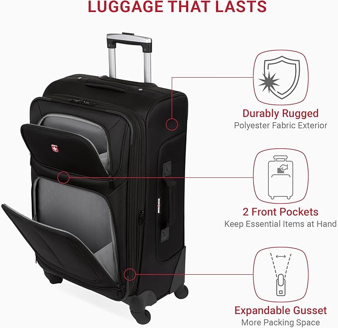 SWISSGEAR Sion Softside Expandable Spinner Luggage Durable Lightweight Travel Suitcase, Black, Checked-Medium