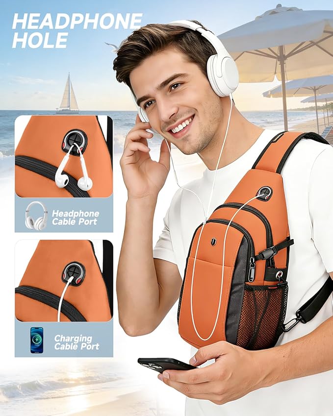 Anti-Theft Sling Bag for Men & Women, Water Resistant Crossbody Backpack, Travel Hiking Chest Pack Fits 11 inch iPad & Switch 2, Orange with Side Pocket