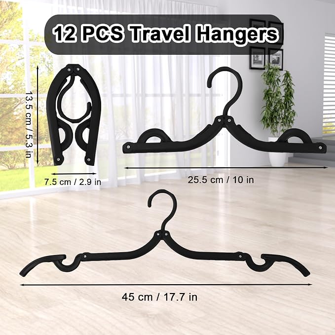 12 PCS Travel Hangers,Portable Folding Clothes Hangers Travel Accessories,Foldable Drying Rack,Black Non Slip Clothing Hangers with Clotheslines
