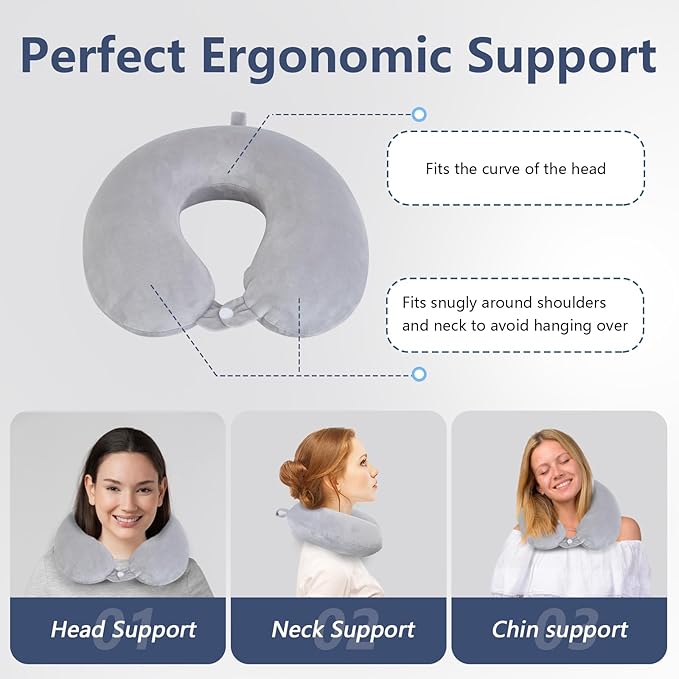 Travel Pillow, Memory Foam Neck Pillow for Traveling, U Shape Airplane Portable Flight Pillow Adult Travel Neck Pillow for Plane Train Car Home Office - Grey