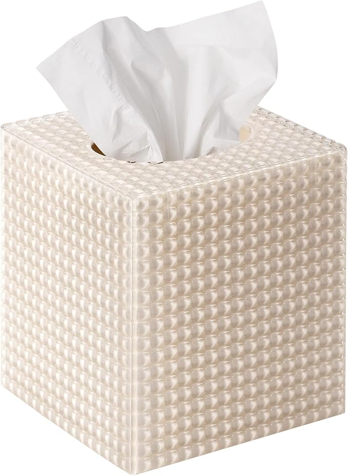 Tissue Box Cover, Square Modern Facial Acrylic Tissue Holder, Aesthetic Cube Napkin Dispenser Accessories for Bathroom Vanity Countertop, Night Stand, Office Beige