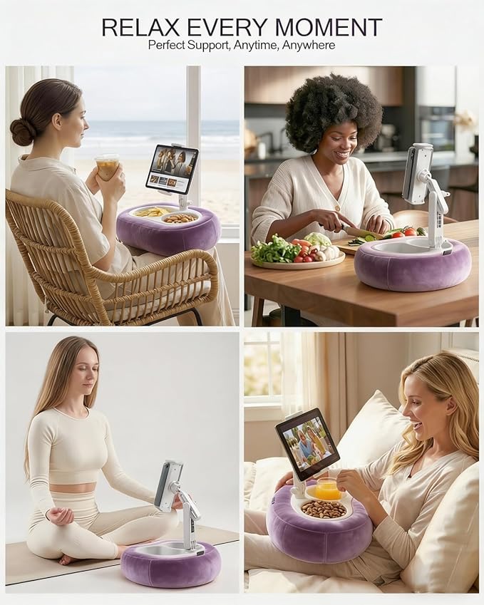 Miledi Tablet Pillow Stand, Compatible with 5"-12.9" Kindle, iPad, Phone/Tablet, 360° Rotating Phone Holder for Bed, Soft Plush Fabric, Detachable Bowl, Reading and Relaxation on Bed, Purple