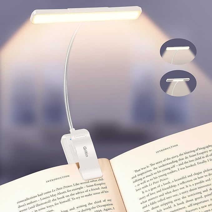 Gritin 2026 Gen 2 Book Light for Reading- 32 Eye Caring Full Spectrum LED, 5 Colors & 5 Brightness, Adjustable Wide/Narrow Beam, Upgrade 1500mAh Long-Lasting Clip on Light for Book Lovers-White
