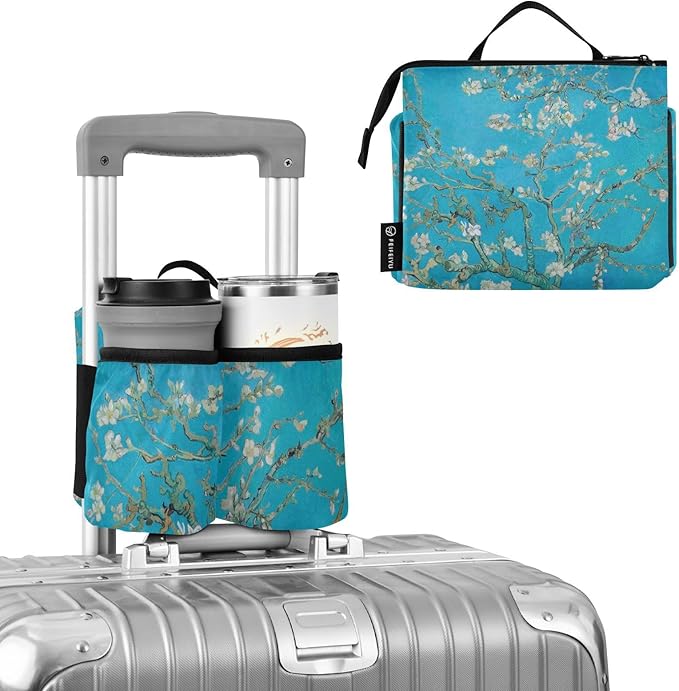 Luggage Cup Holder for Suitcases Free Hands Suitcase Cup Holder Travel Luggage Drink Holder Portable Luggage Cup Caddy Bag Carrier with Handle Van Gogh Apricot Flowers