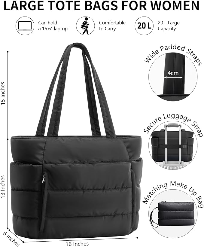 Bagstellar Puffer Tote Bag for Women, Lightweight Puffy Work Handbag Teacher Nurse Quilted Shoulder Bag for School Travel Gym | Cloud Bag w/ Zipper