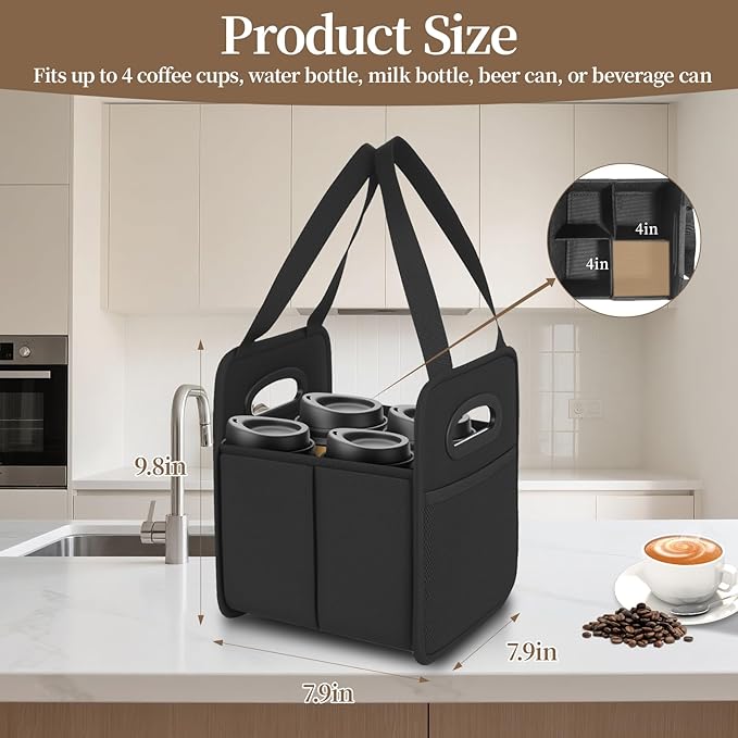Foyego 2 Pack Drink Carrier with Handle, Reusable 4 Cup Carriers for Drinks, Portable Foldable Insulated Coffee Cup Drink Holder for Delivery and Caddy