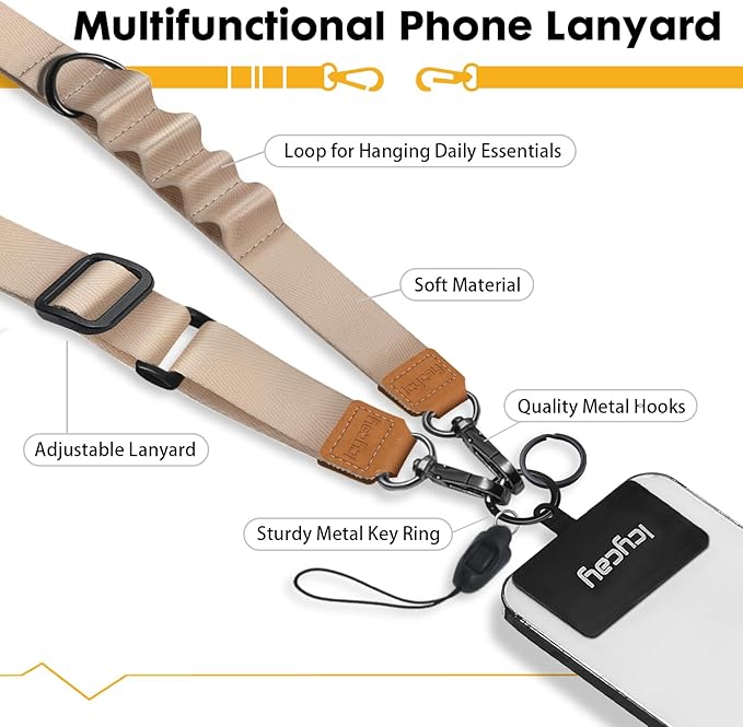 Icycay Phone Lanyard Crossbody, Champagne Gold Cell Phone Strap for Around The Neck Adjustable, Anti Theft Cute Lanyard for ID Holder Keys Accessories Travel Essential