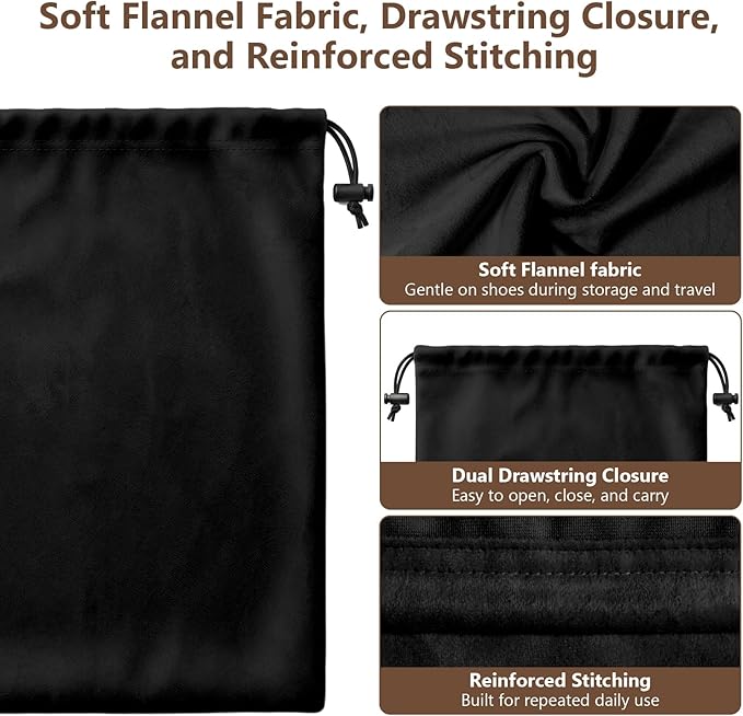 MERKFO Shoe Bags for Travel, 6 Pack Flannel Travel Shoe Bags for Luggage, Large Drawstring Shoe Dust Bags for Packing Shoes, Closet Storage, Fits Up to Men's Size 13, Black