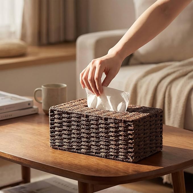Tissue Box Cover Rectangle Natural Paper Rope Hand Woven Tissue Box Holder for Bathroom Living Room Bedroom Kitchen Table Desk Office Farmhouse Home Decor(Dark Brown)