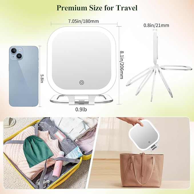 FUNTOUCH 7" Travel Makeup Mirror 30X Magnification,Rechargeable Double Sided Lighted Portable Vanity Mirror with Lights, 3 Color Lights & Adjustable Brightness, 300°Rotation, Gift for Women,White