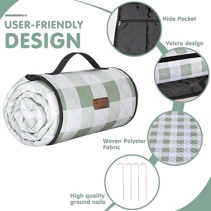 HX&OD Outdoor Picnic Blanket, Extra Large, 80''x80'' Waterproof Foldable Blankets Gingham Picnic Mat for Beach, Camping Grass Lawn Park Accessories Cute Couple Ideas Wedding (Green, 80”x80”)